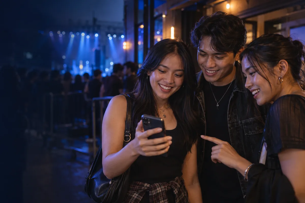 Friends sharing an event recommendation at a concert