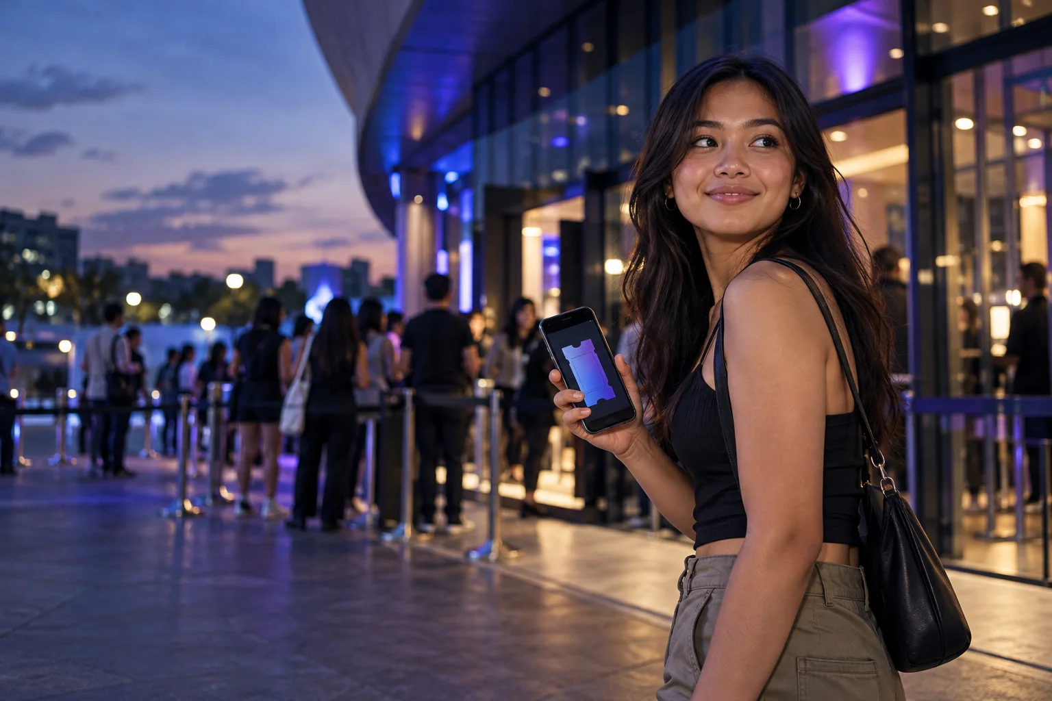 Ticket holder arriving at a venue with a digital ticket on their phone