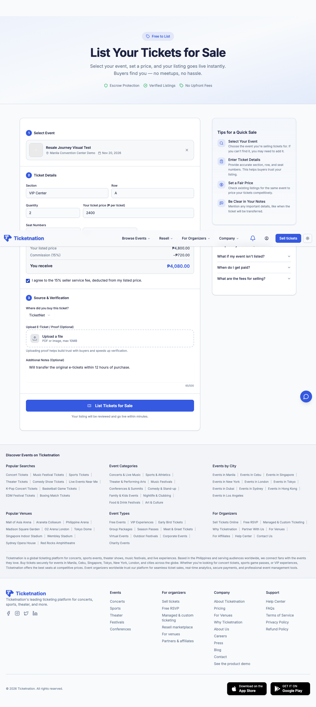 Sample Ticketnation resale listing form with a proceeds preview