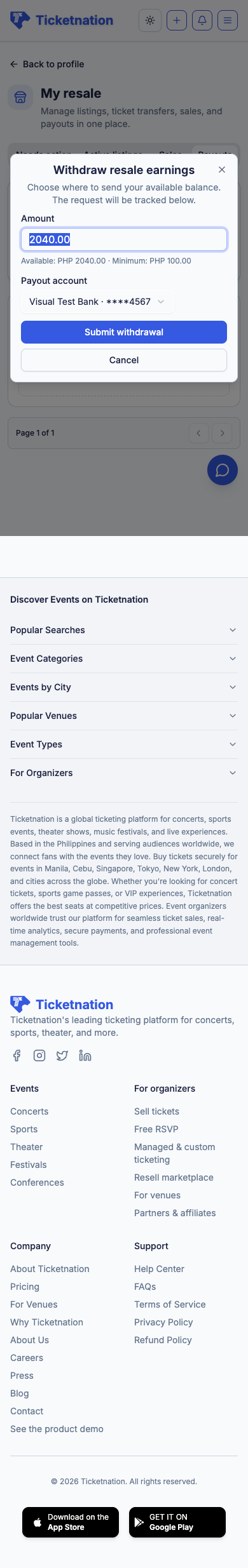 Sample mobile withdrawal request from a Ticketnation reseller wallet